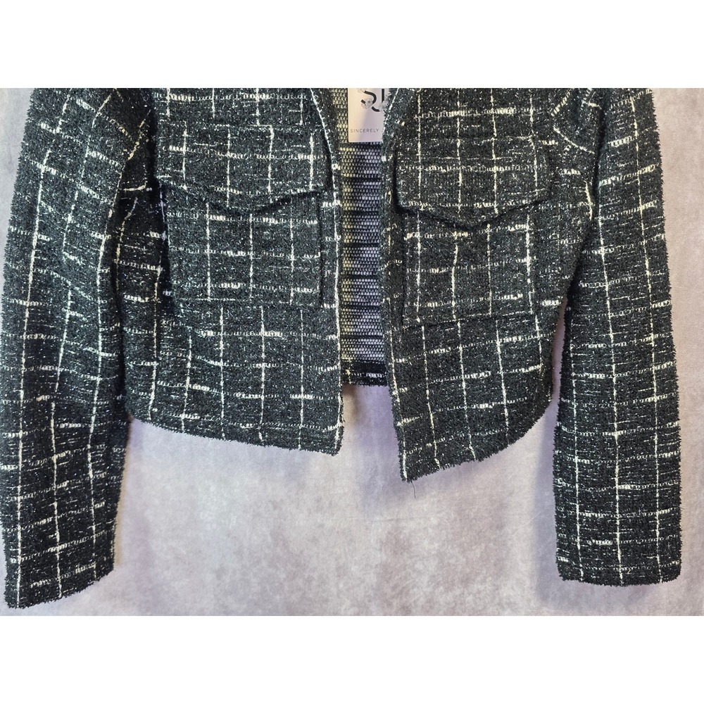 Sincerely Jules Womens M Black White Plaid Cropped Tweed Jacket Lurex GAETC265 - Picture 3 of 10
